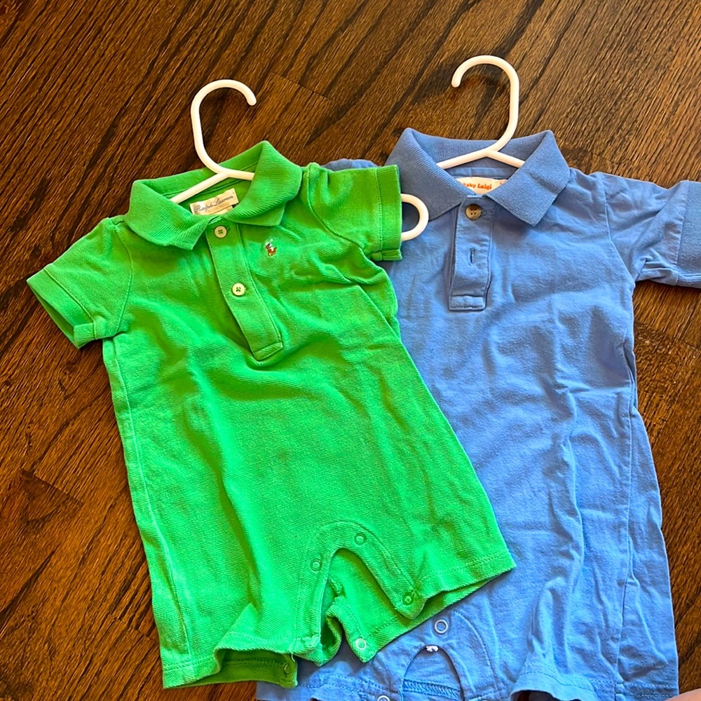 Ralph Lauren green Shortall and Baby Luigi blue Shortall. 9 month bundle.